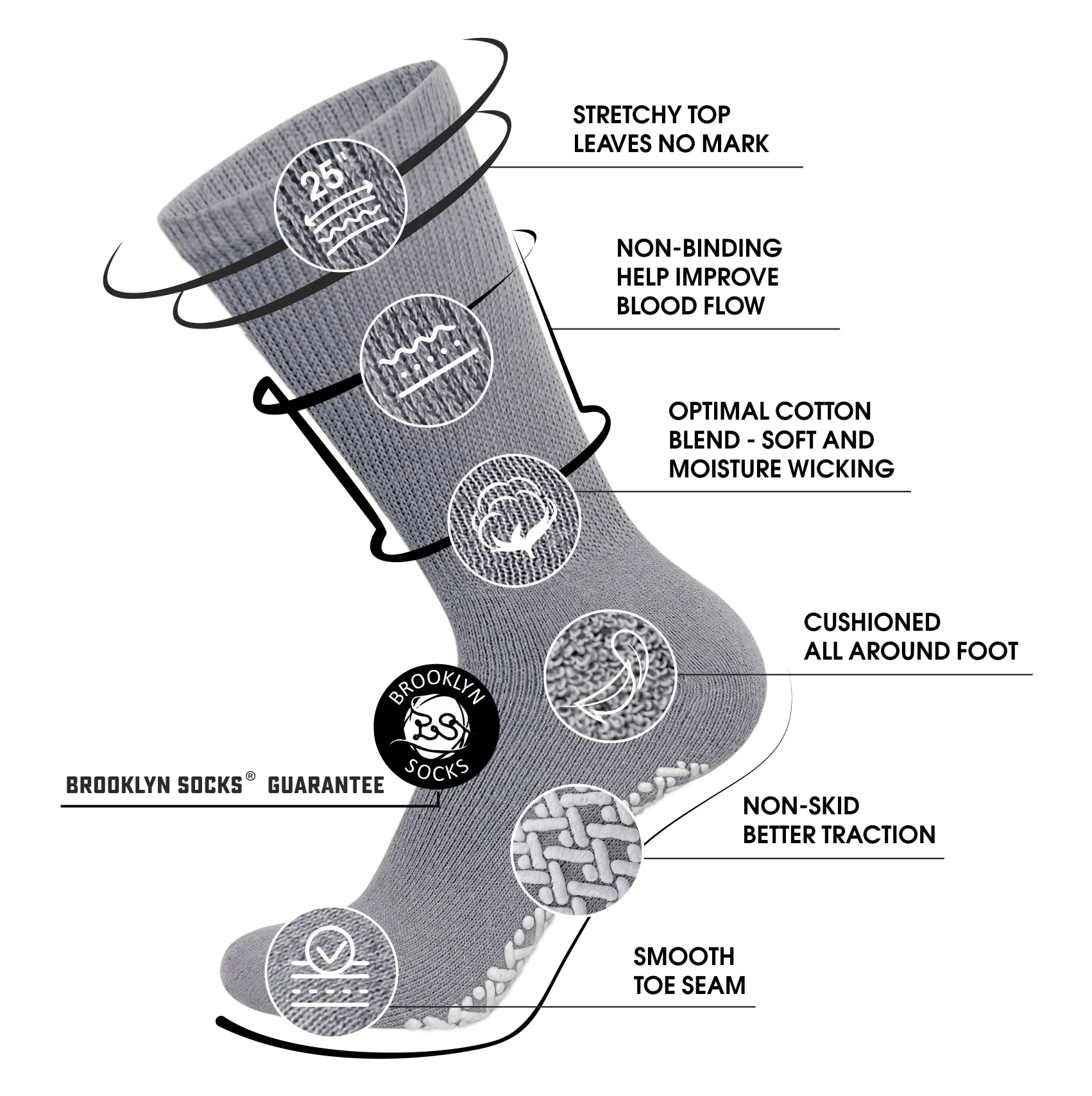 12 Pairs of Non-Skid Diabetic Cotton Crew Socks with Non Binding Top (Grey, 9-11)-(Final Sale)