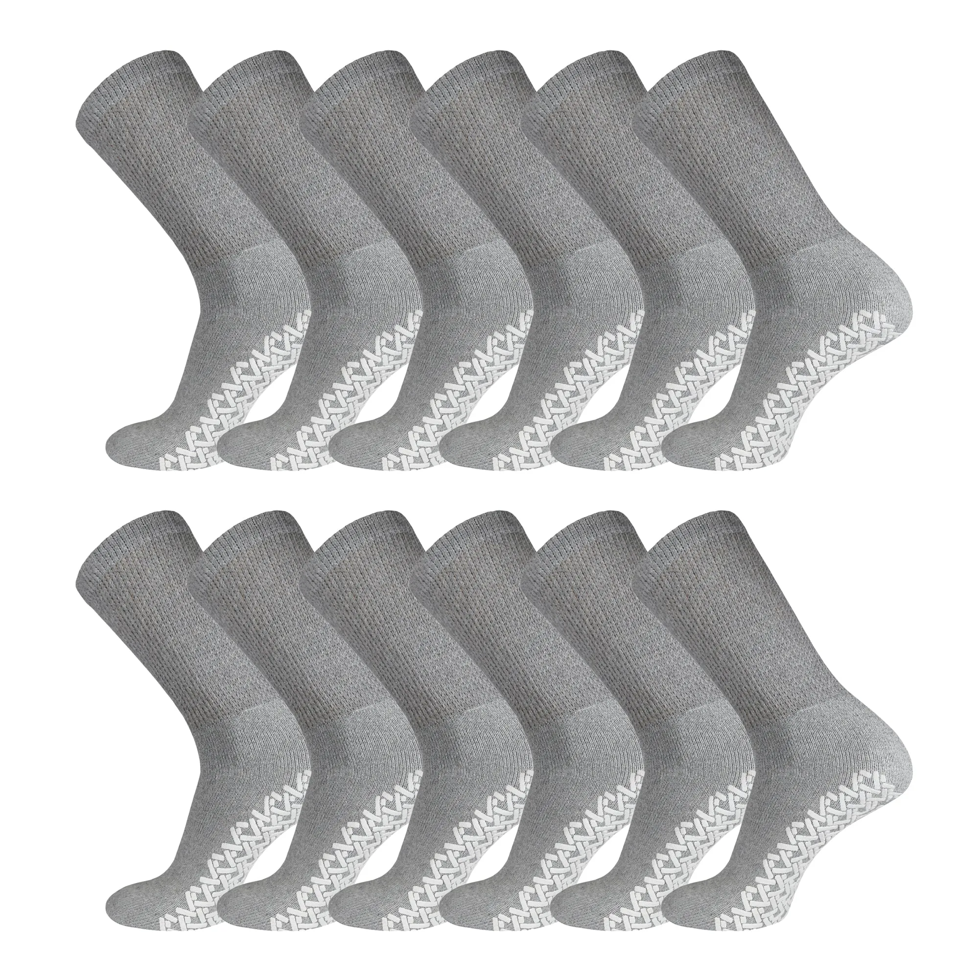 12 Pairs of Non-Skid Diabetic Cotton Crew Socks with Non Binding Top (Grey, 9-11)-(Final Sale)