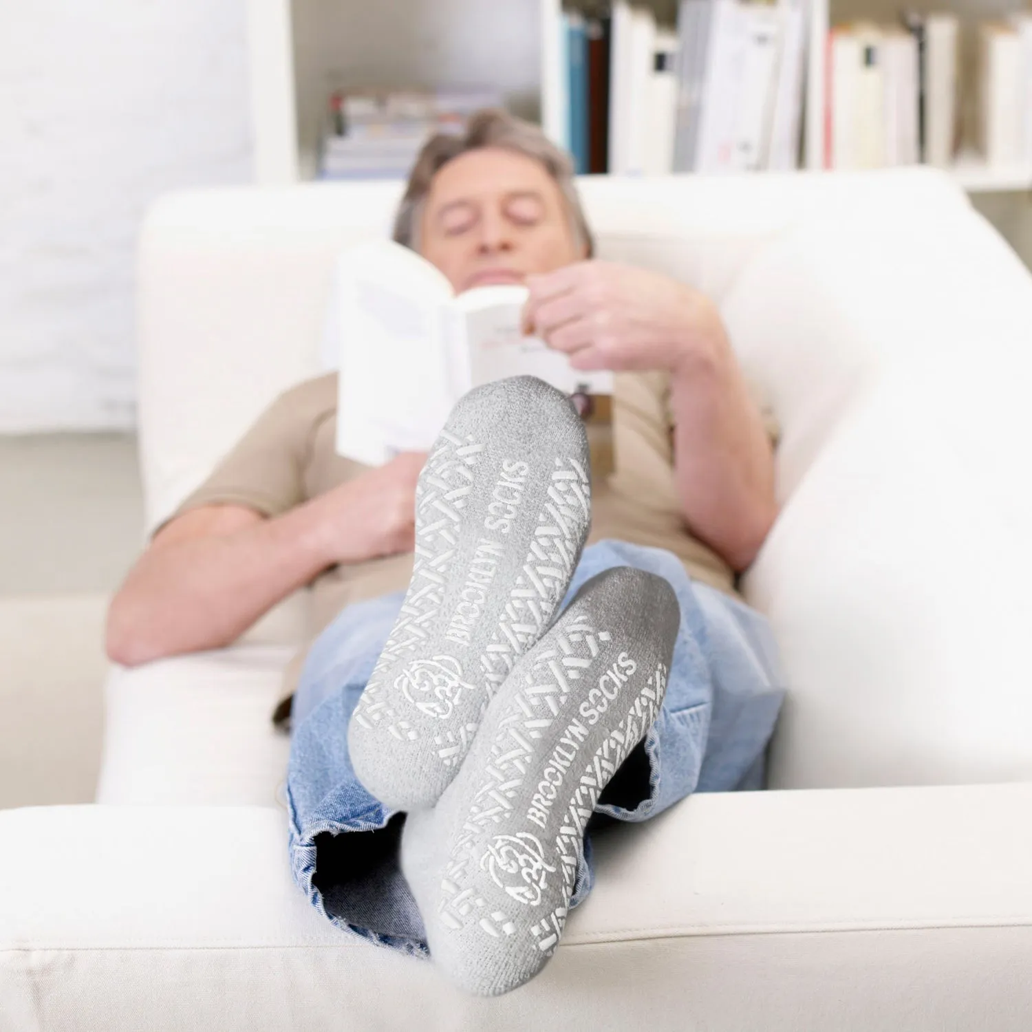 12 Pairs of Non-Skid Diabetic Cotton Crew Socks with Non Binding Top (Grey, 9-11)-(Final Sale)