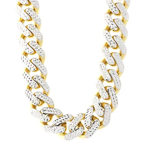14k Yellow and White Gold Diamond Cut Textured 11 Millimeter Miami Cuban Chain Necklace, 24 Inch