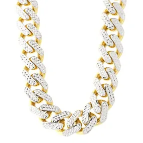 14k Yellow and White Gold Diamond Cut Textured 11 Millimeter Miami Cuban Chain Necklace, 24 Inch