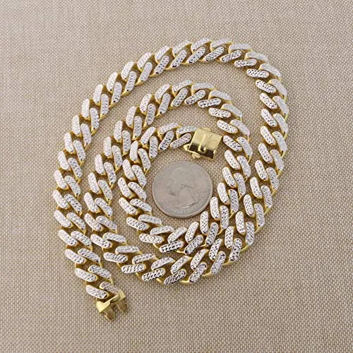 14k Yellow and White Gold Diamond Cut Textured 11 Millimeter Miami Cuban Chain Necklace, 24 Inch