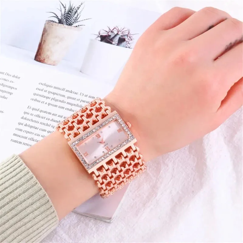 2024 New Watch For Women Fashion Light luxury Square Diamond Quartz Watches Clock Lady's Gold Stainless Steel Bracelet