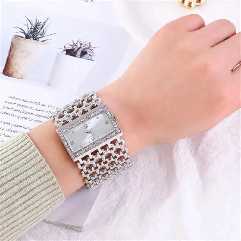 2024 New Watch For Women Fashion Light luxury Square Diamond Quartz Watches Clock Lady's Gold Stainless Steel Bracelet