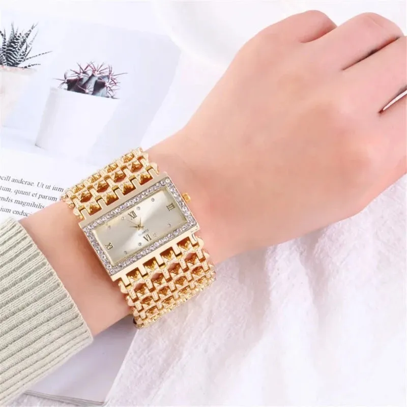 2024 New Watch For Women Fashion Light luxury Square Diamond Quartz Watches Clock Lady's Gold Stainless Steel Bracelet