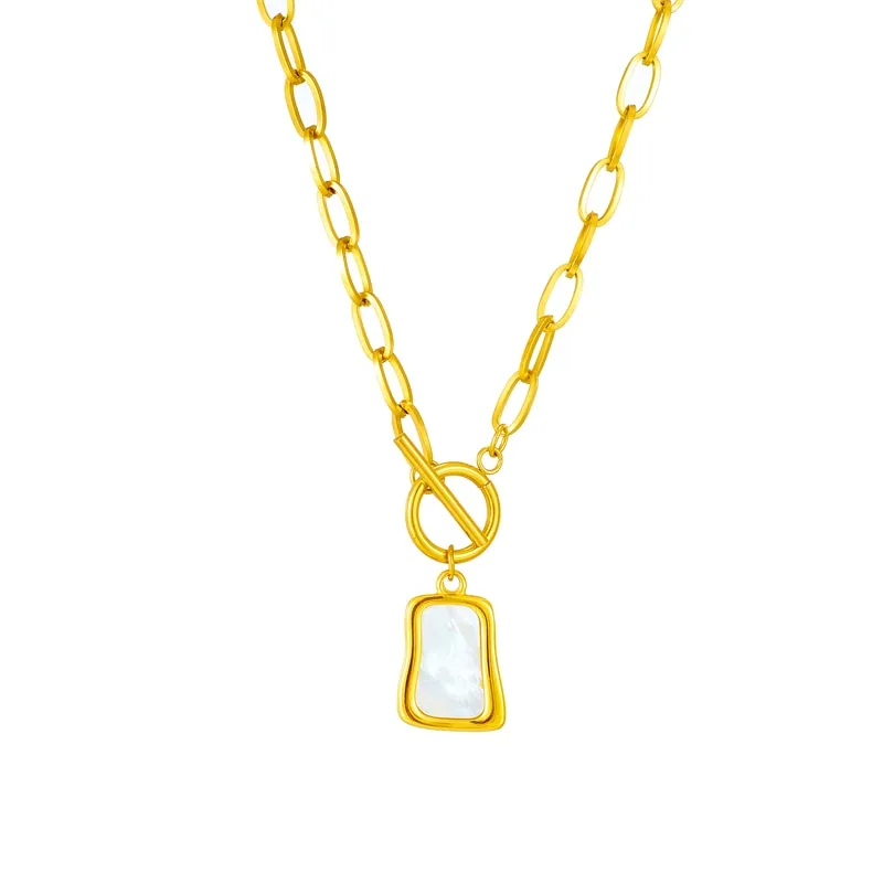 316L Stainless Steel Geometric Trapezoidal Pearl Oyster Pendant Necklace For Women