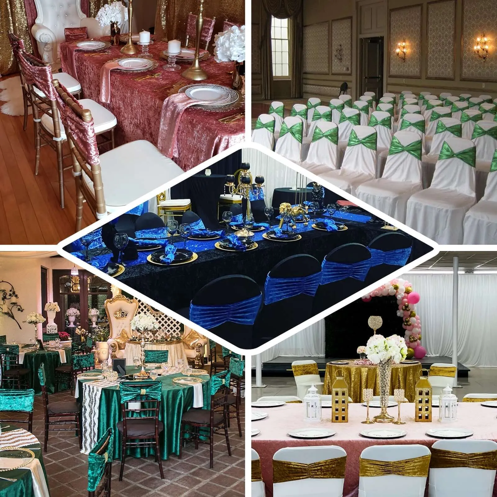 5 Pack Premium Crushed Velvet Chair Sashes Gold Ruffle Style - Lustrous & Wrinkle-Free Decorative Stretchable Chair Bands