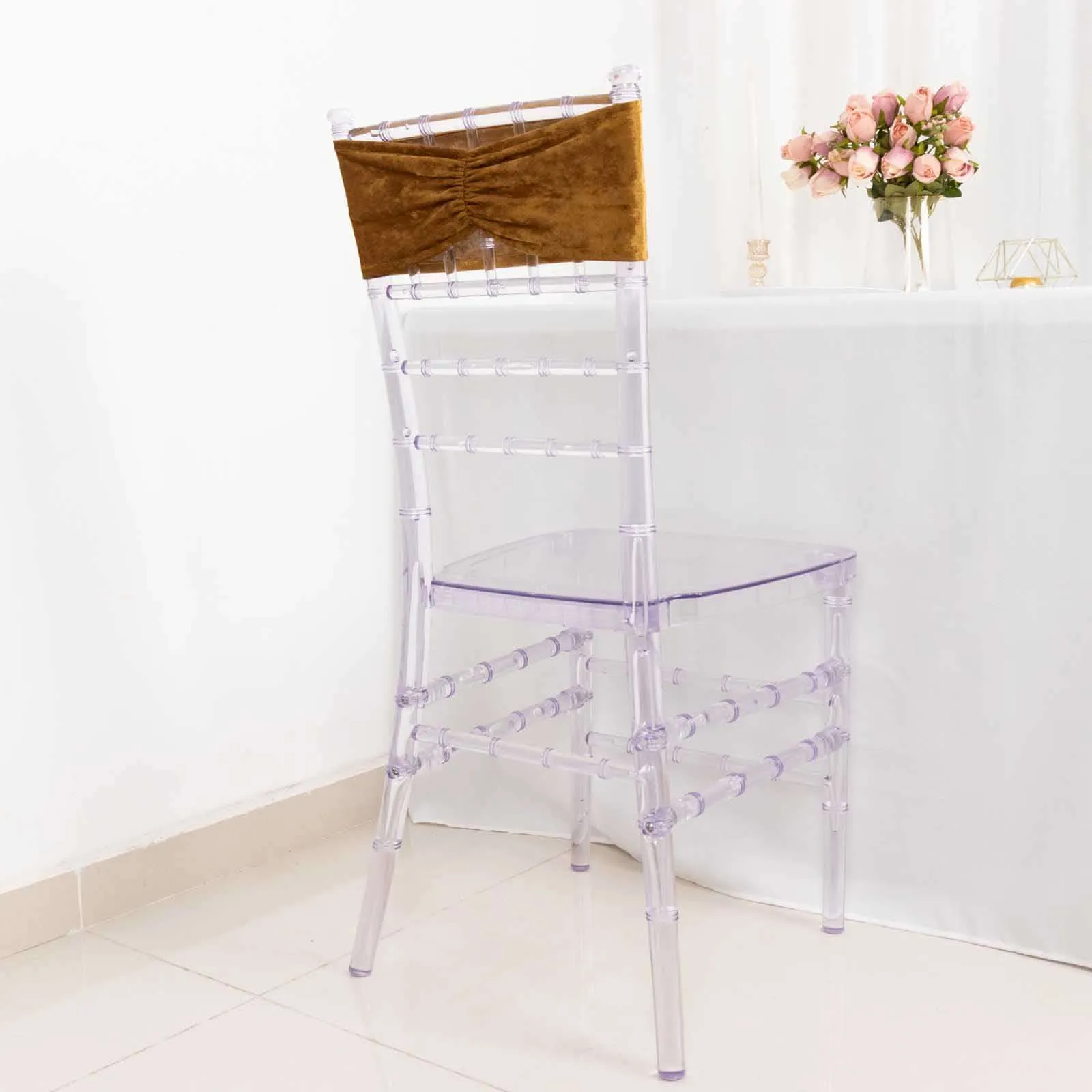 5 Pack Premium Crushed Velvet Chair Sashes Gold Ruffle Style - Lustrous & Wrinkle-Free Decorative Stretchable Chair Bands