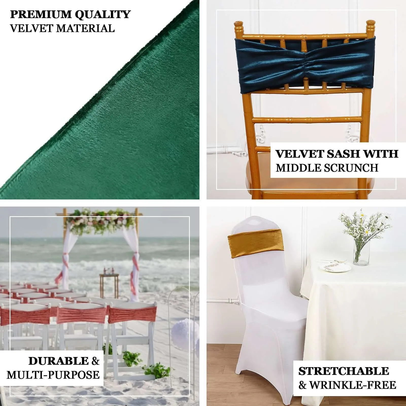 5 Pack Premium Crushed Velvet Chair Sashes Gold Ruffle Style - Lustrous & Wrinkle-Free Decorative Stretchable Chair Bands