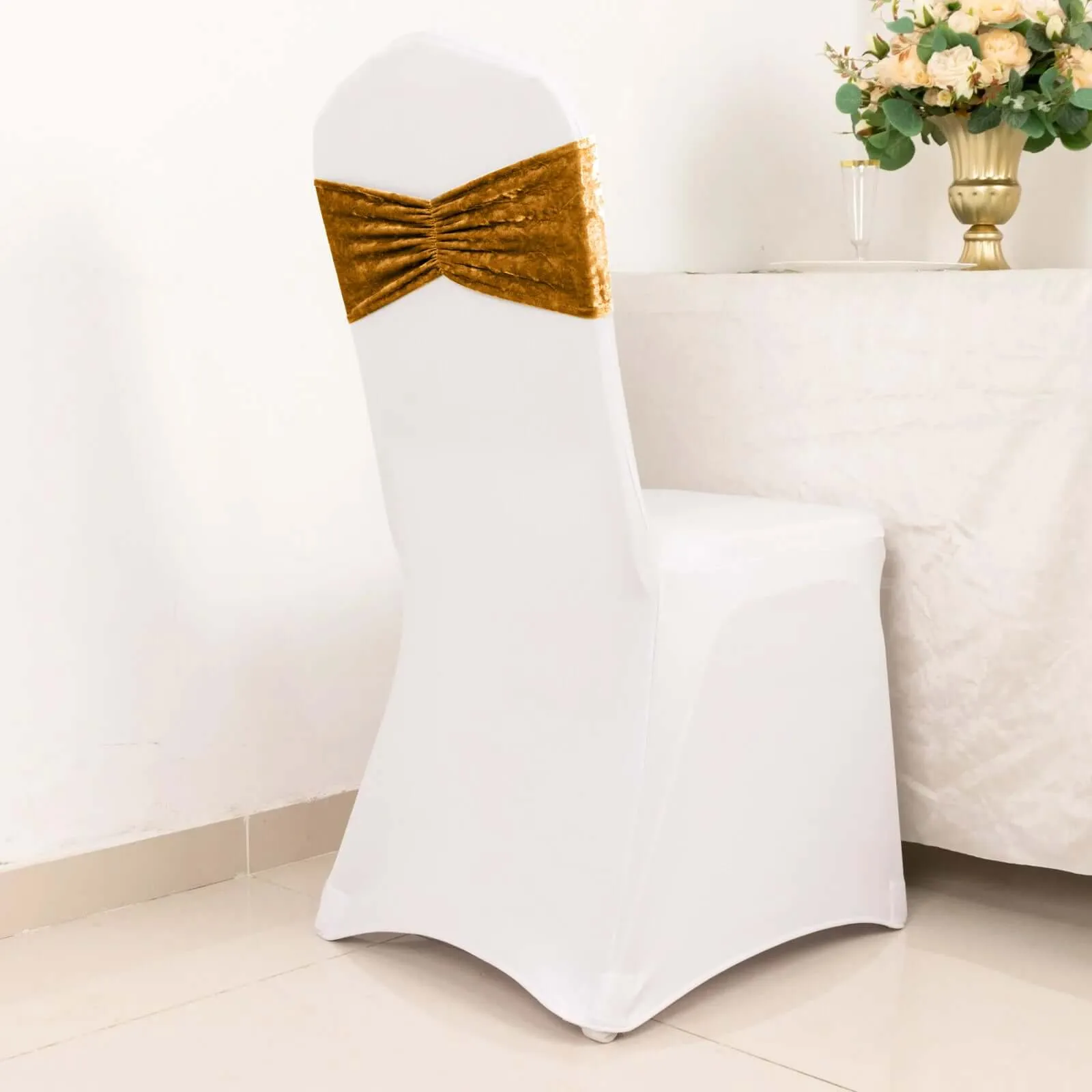 5 Pack Premium Crushed Velvet Chair Sashes Gold Ruffle Style - Lustrous & Wrinkle-Free Decorative Stretchable Chair Bands