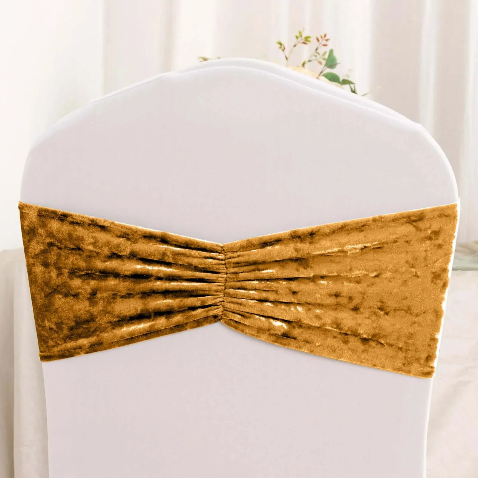 5 Pack Premium Crushed Velvet Chair Sashes Gold Ruffle Style - Lustrous & Wrinkle-Free Decorative Stretchable Chair Bands