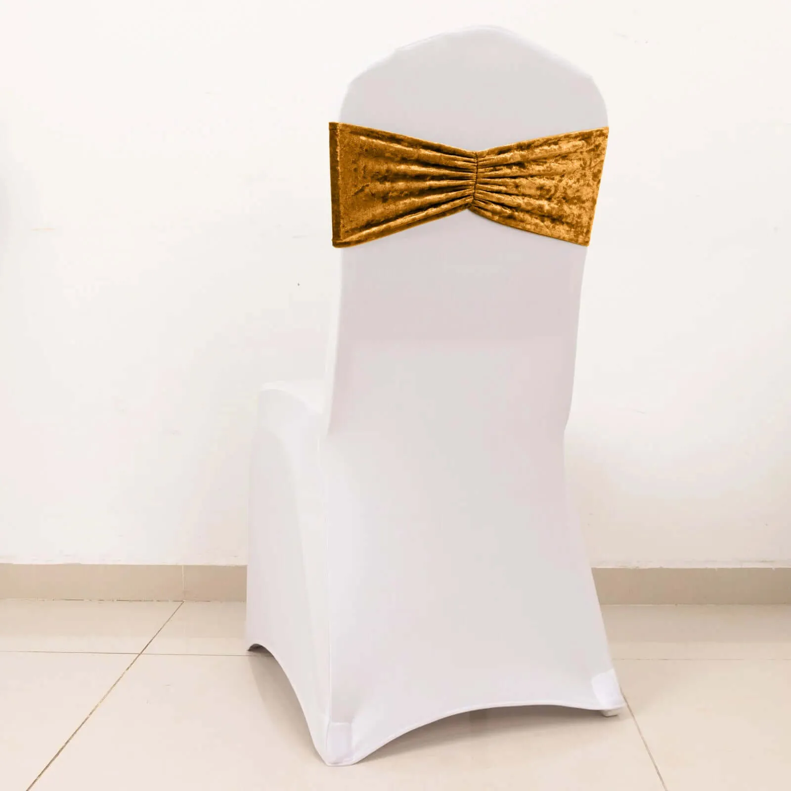 5 Pack Premium Crushed Velvet Chair Sashes Gold Ruffle Style - Lustrous & Wrinkle-Free Decorative Stretchable Chair Bands