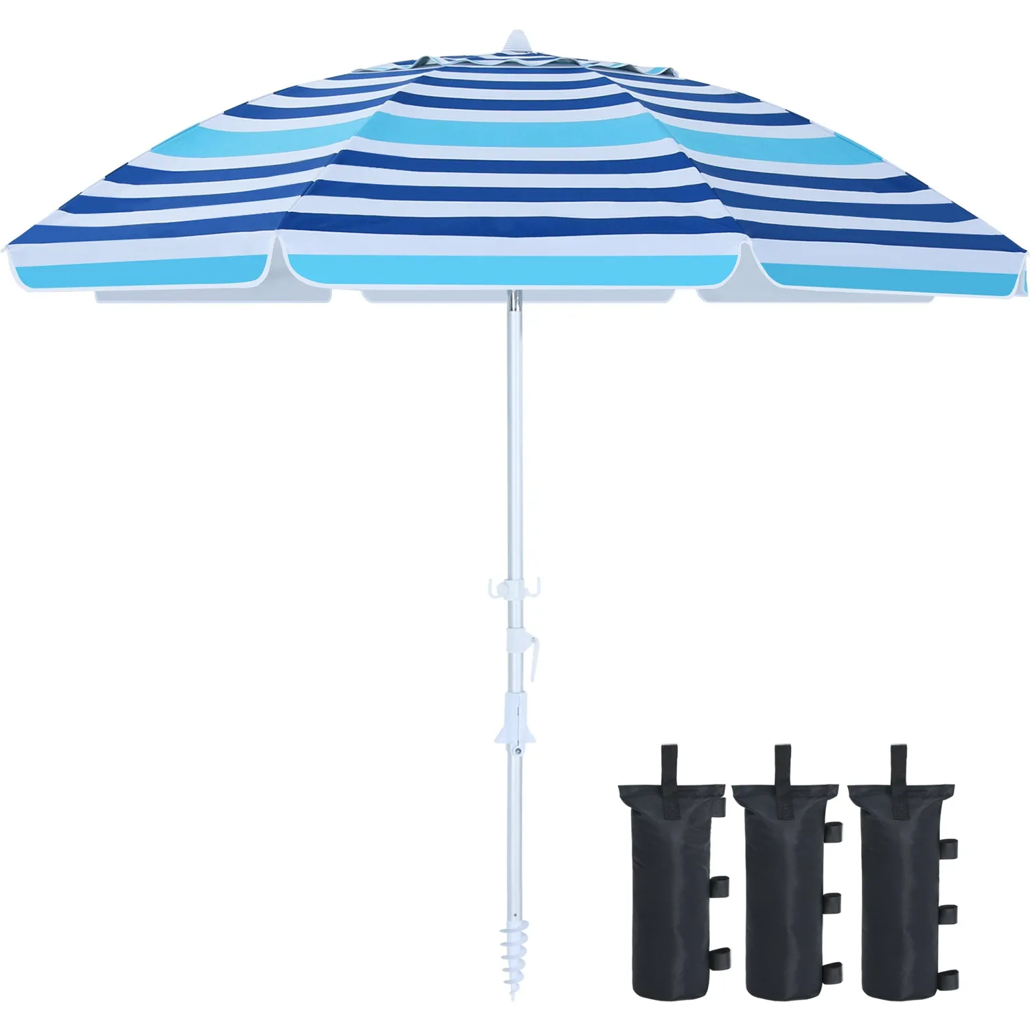 8Ribs Beach Umbrella Windproof 50  UV Protection,with 3 Sandbags and 1 Carry Bag
