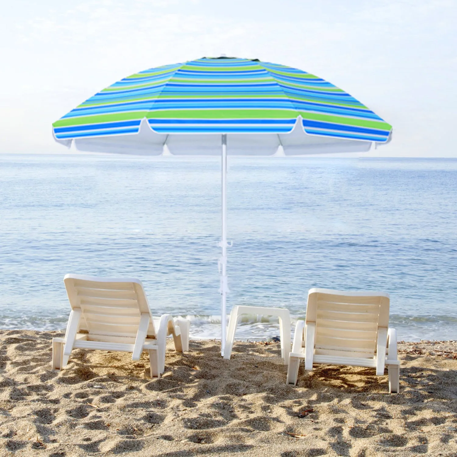 8Ribs Beach Umbrella Windproof 50  UV Protection,with 3 Sandbags and 1 Carry Bag