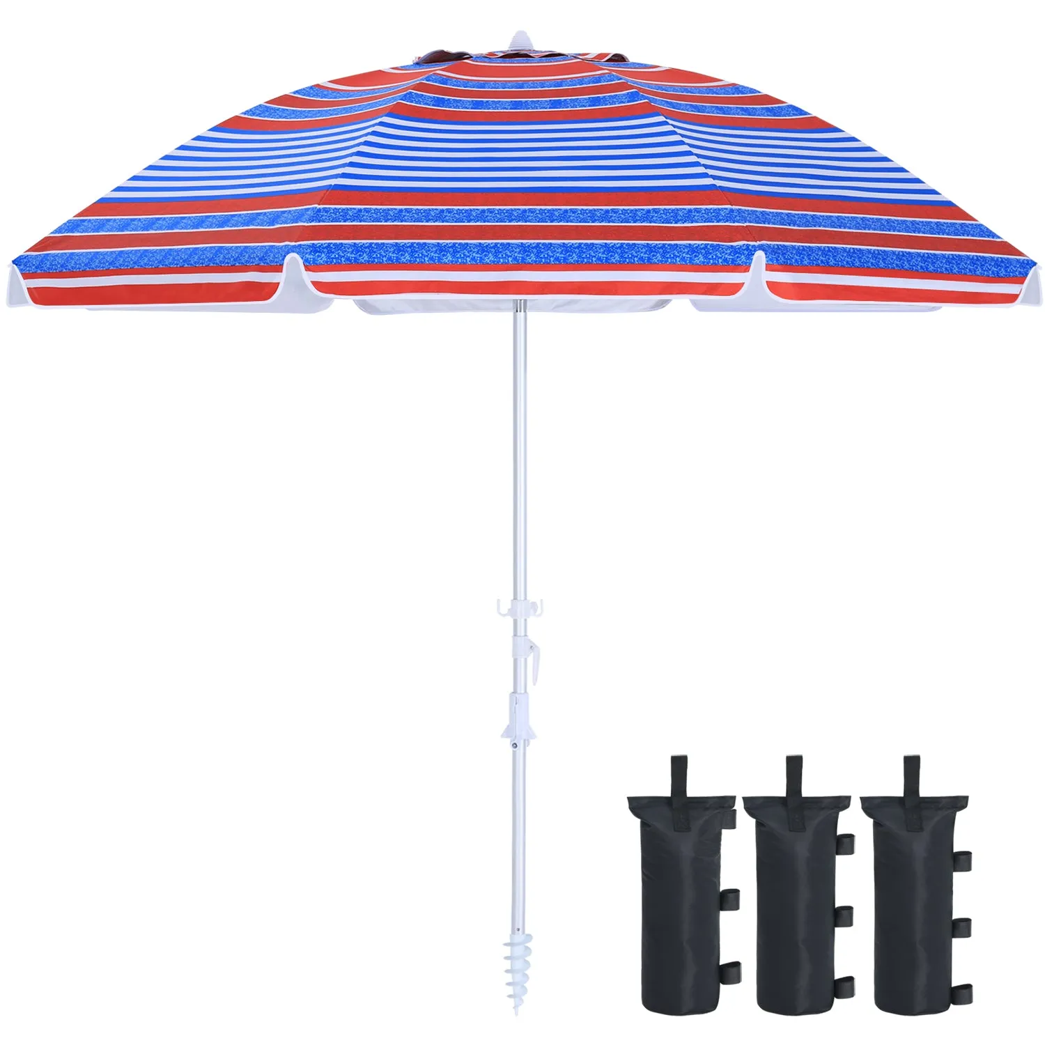 8Ribs Beach Umbrella Windproof 50  UV Protection,with 3 Sandbags and 1 Carry Bag