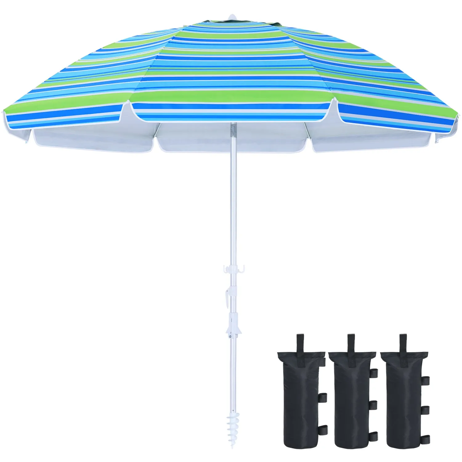 8Ribs Beach Umbrella Windproof 50  UV Protection,with 3 Sandbags and 1 Carry Bag