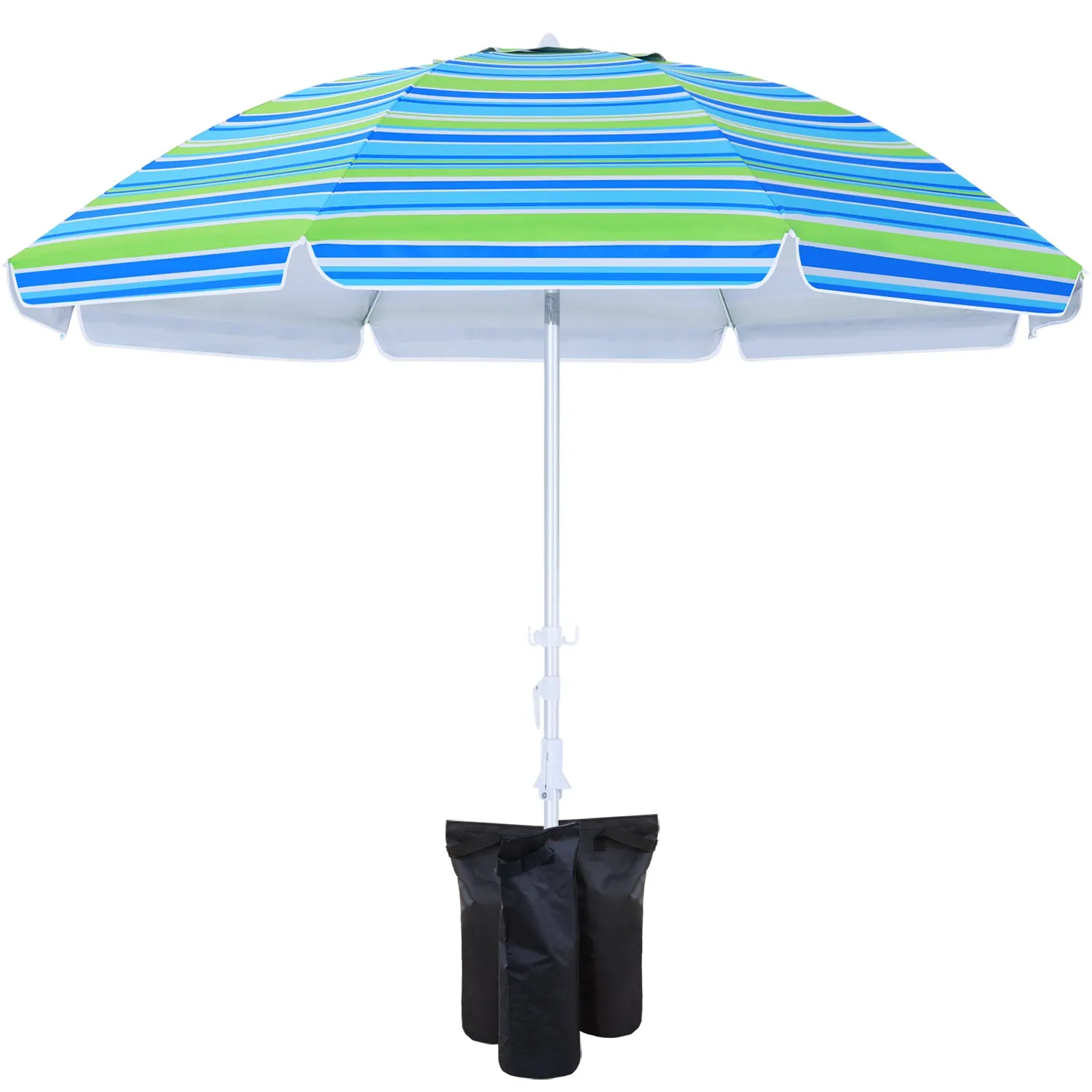 8Ribs Beach Umbrella Windproof 50  UV Protection,with 3 Sandbags and 1 Carry Bag
