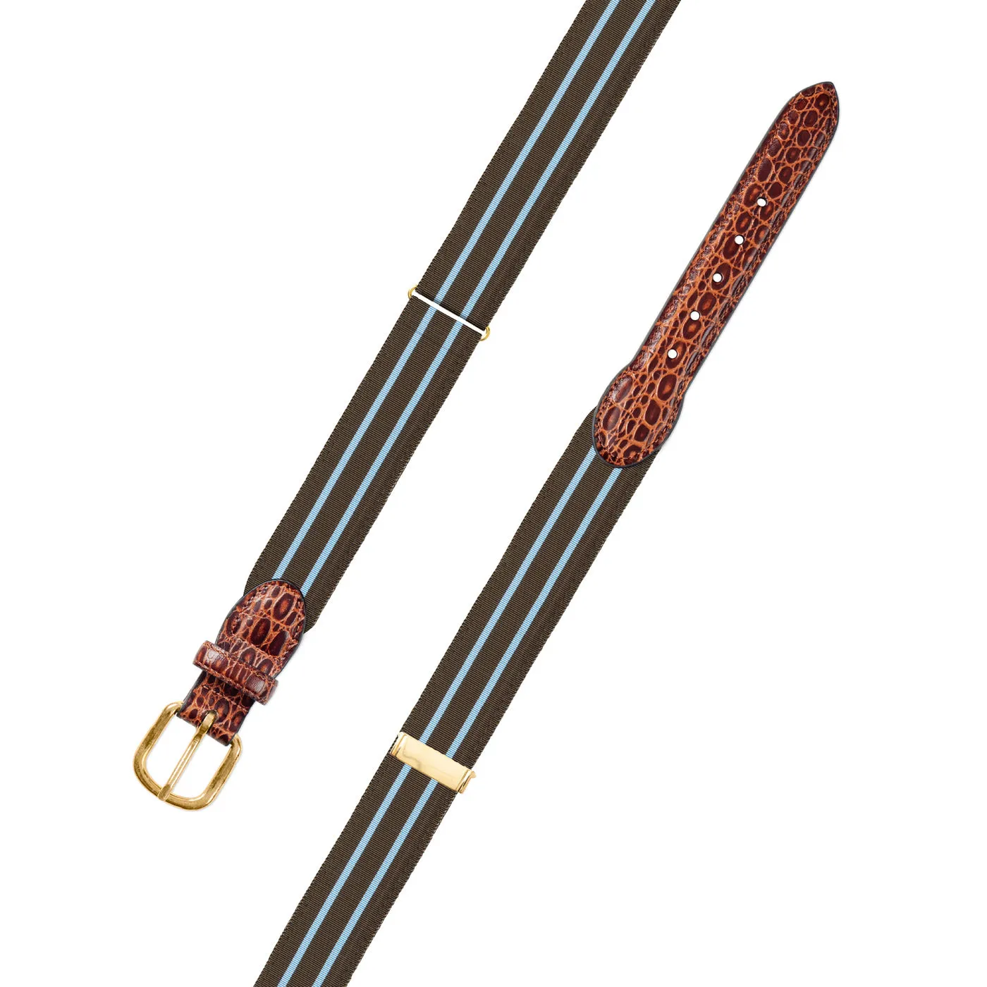 Adjustable Brown & Light Blue Grosgrain Belt with Embossed Calf Tabs