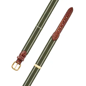 Adjustable Olive & White Grosgrain Belt with Embossed Calf Tabs
