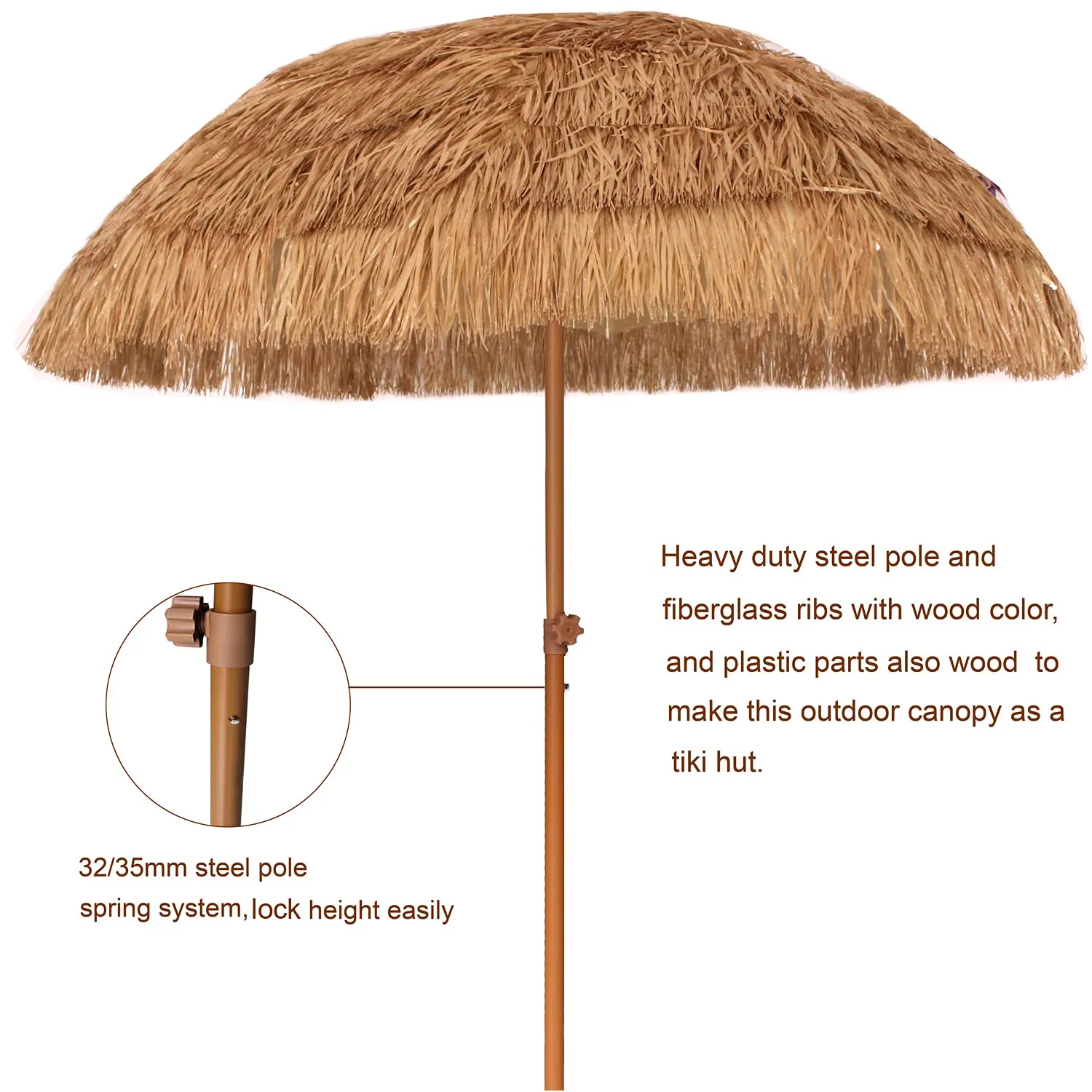 AMMSUN 7.5ft Hula Thatched Tiki Patio Beach Umbrella Hawaiian Style 10 Ribs UPF 50 