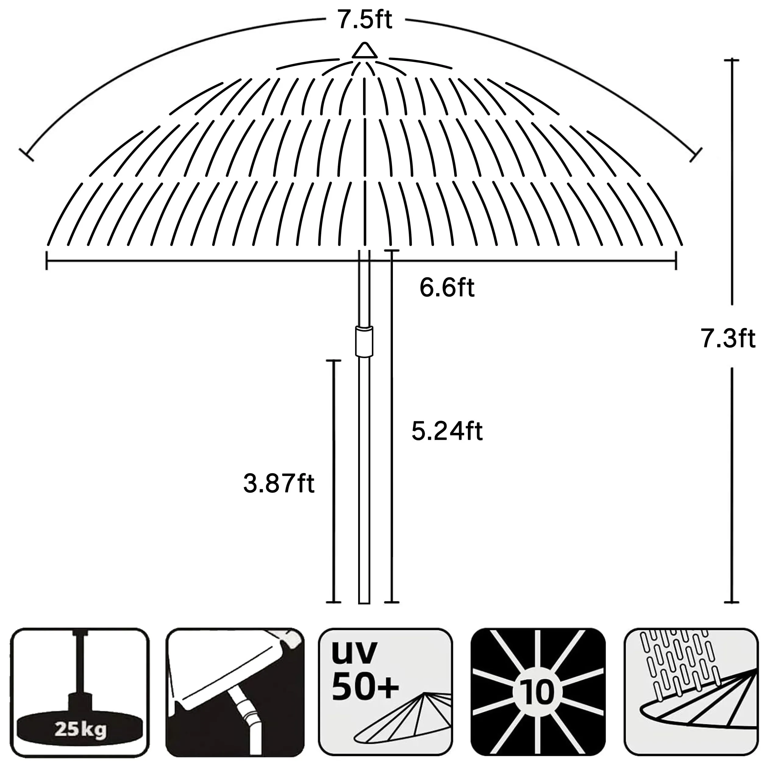 AMMSUN 7.5ft Hula Thatched Tiki Patio Beach Umbrella Hawaiian Style 10 Ribs UPF 50 