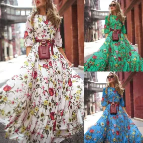 Autumn Women Floral Round Neck Print Swing Urban Casual Slimming Dress