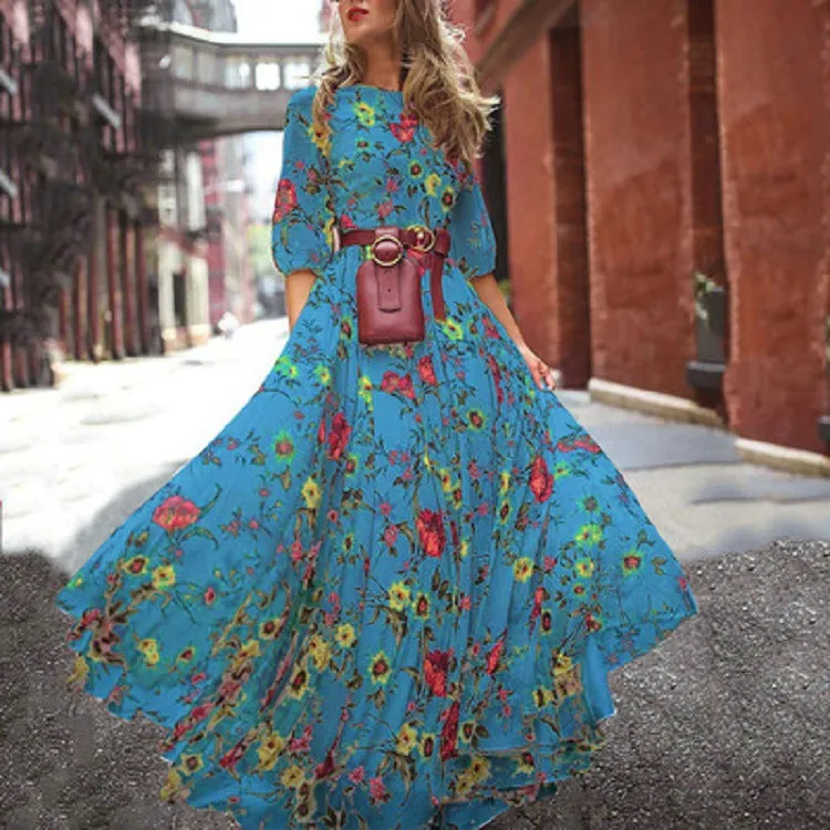 Autumn Women Floral Round Neck Print Swing Urban Casual Slimming Dress