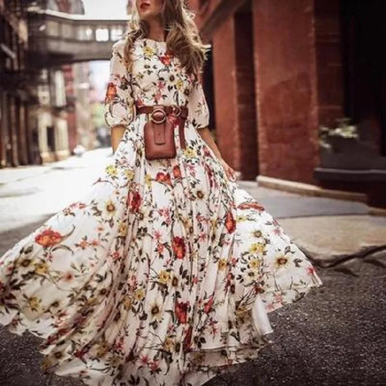 Autumn Women Floral Round Neck Print Swing Urban Casual Slimming Dress