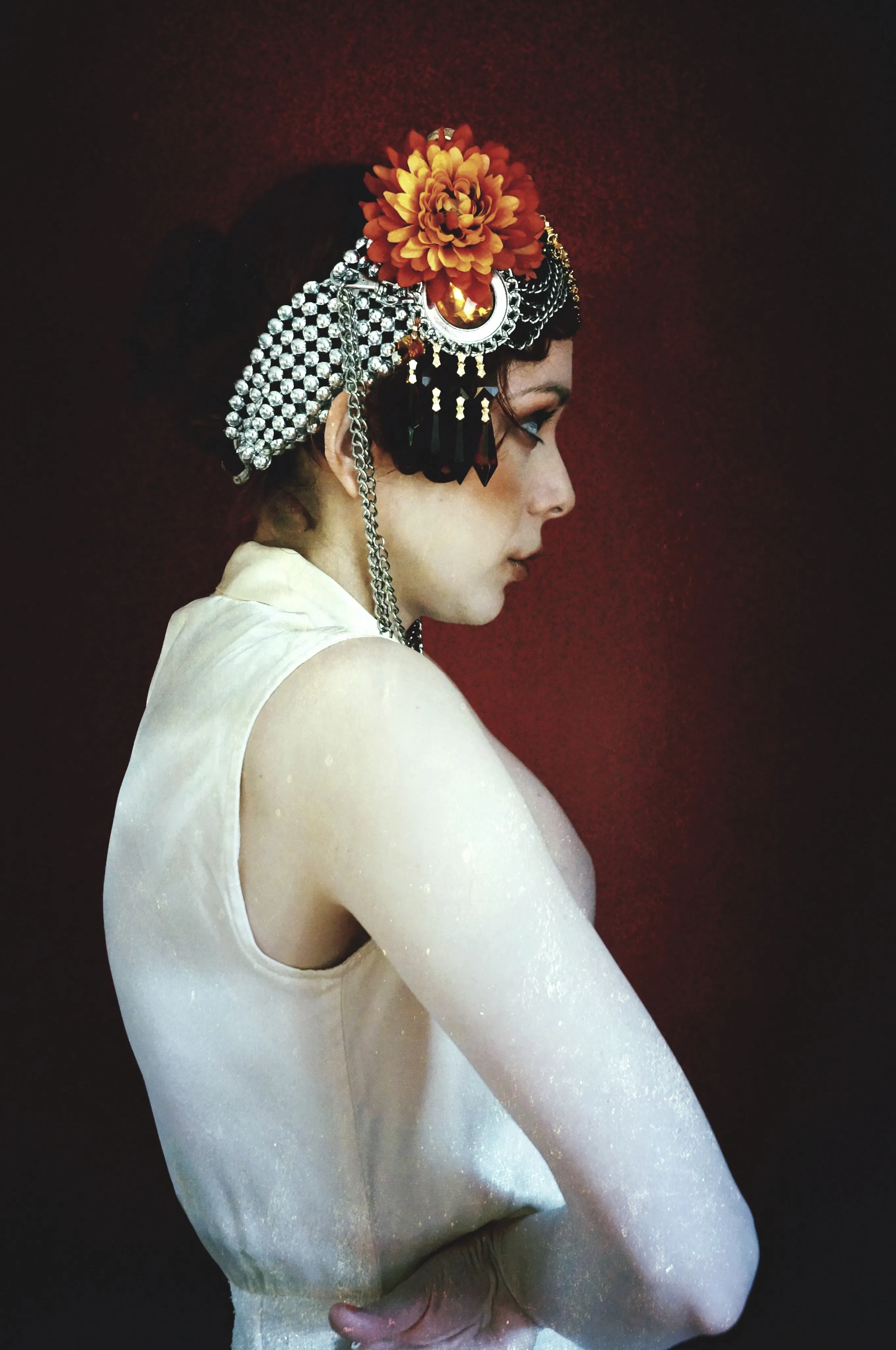 Bespoke vintage jewels and chains Flower headpiece