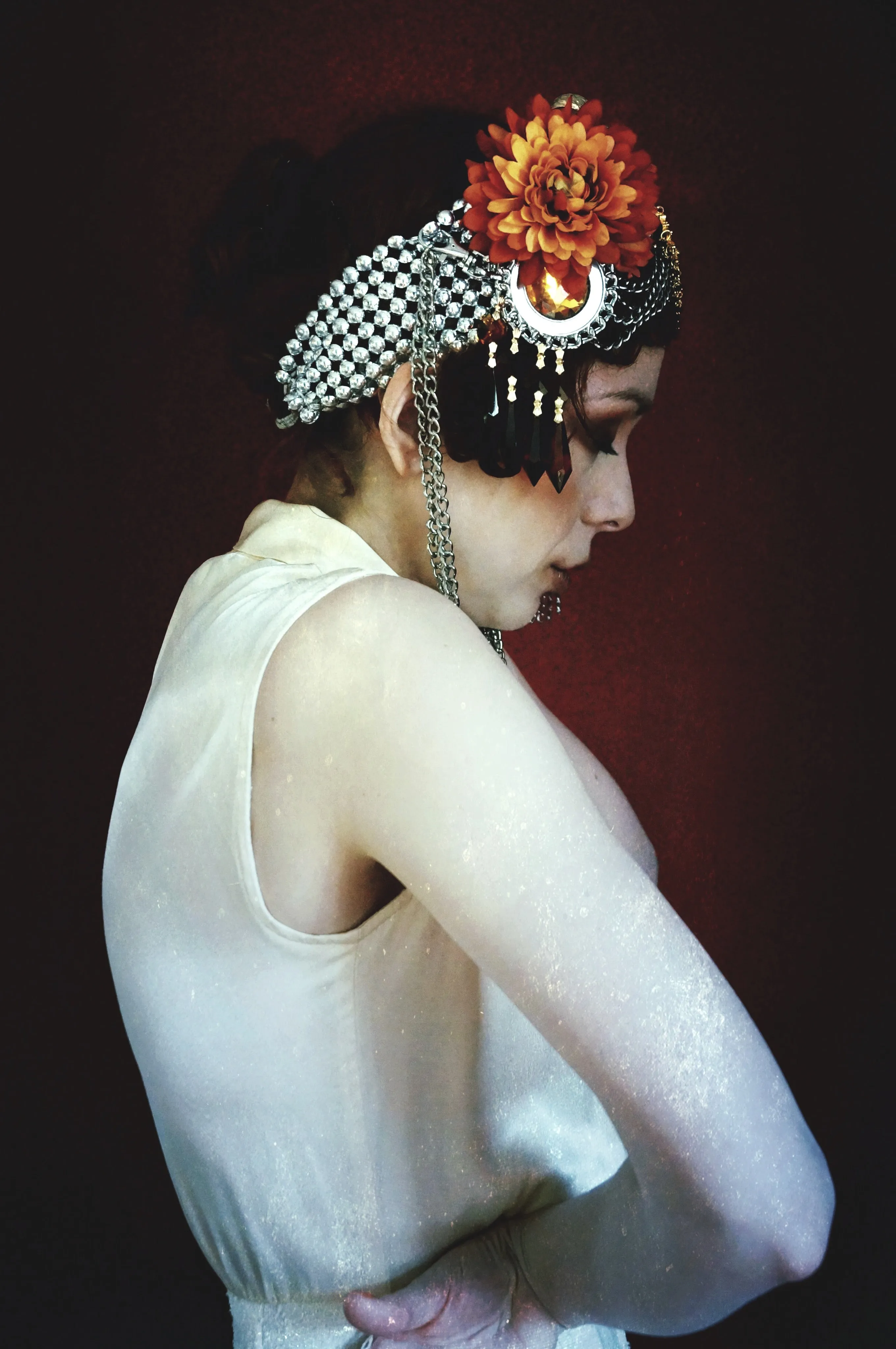 Bespoke vintage jewels and chains Flower headpiece