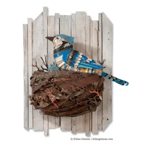 BLUE JAY IN NEST original metal wall sculpture