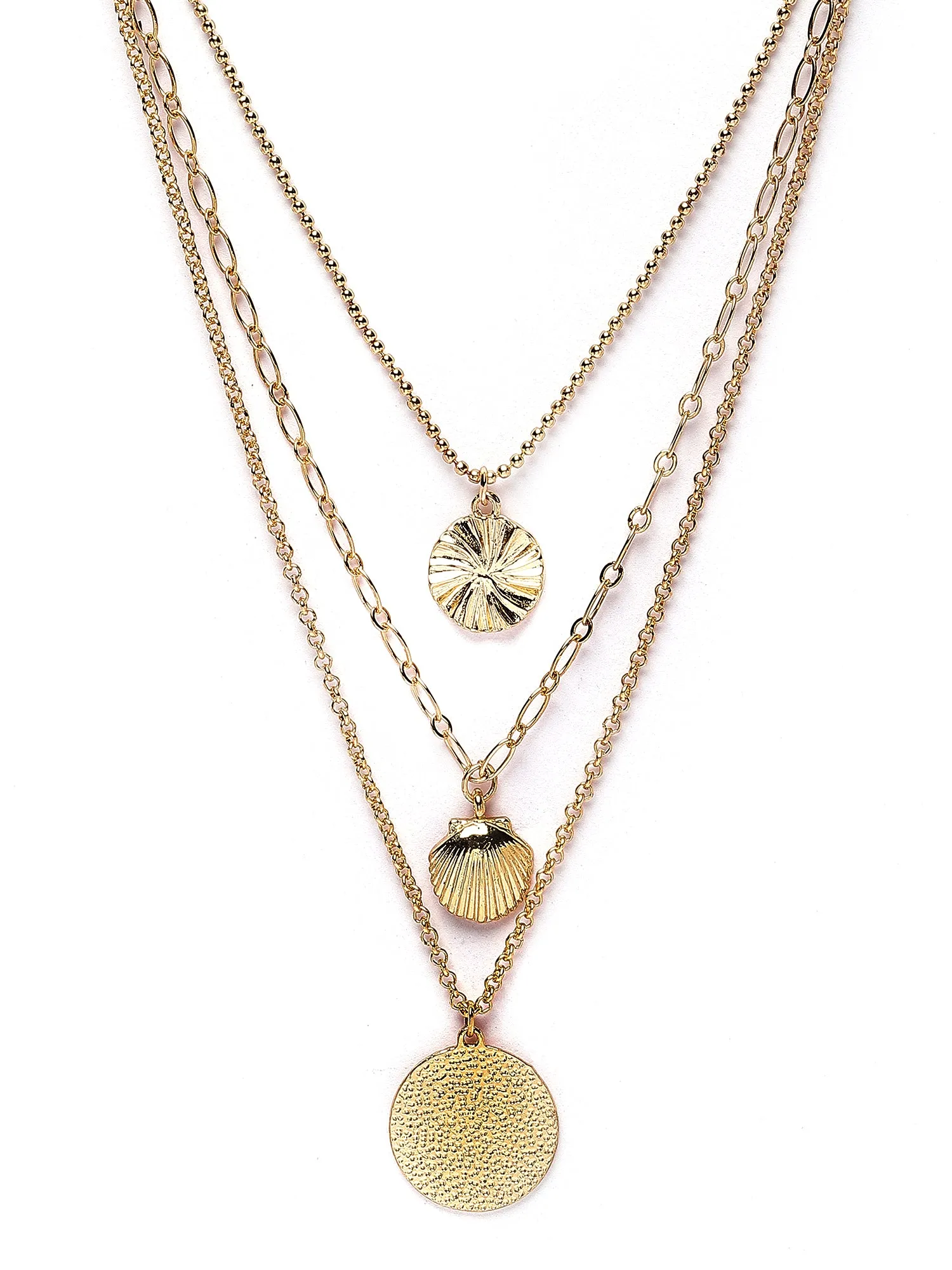 Bohey by KARATCART Gold Plated Sea Shell and Textured Disk Multicharm Multilayered Chain Necklace for Women
