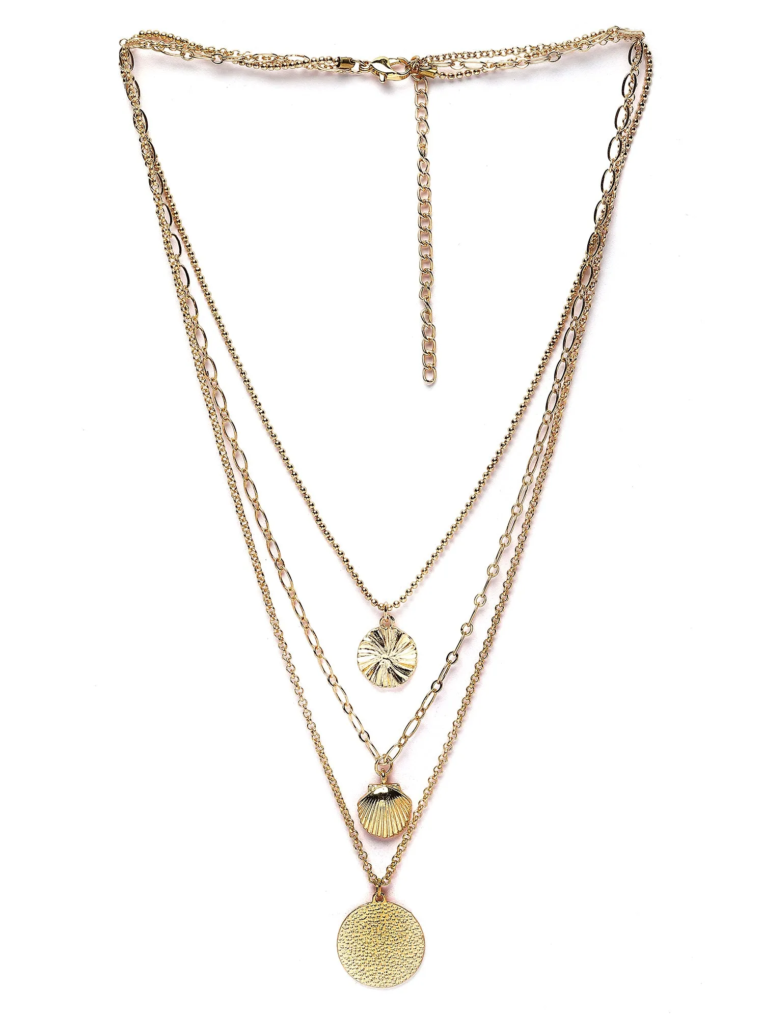 Bohey by KARATCART Gold Plated Sea Shell and Textured Disk Multicharm Multilayered Chain Necklace for Women