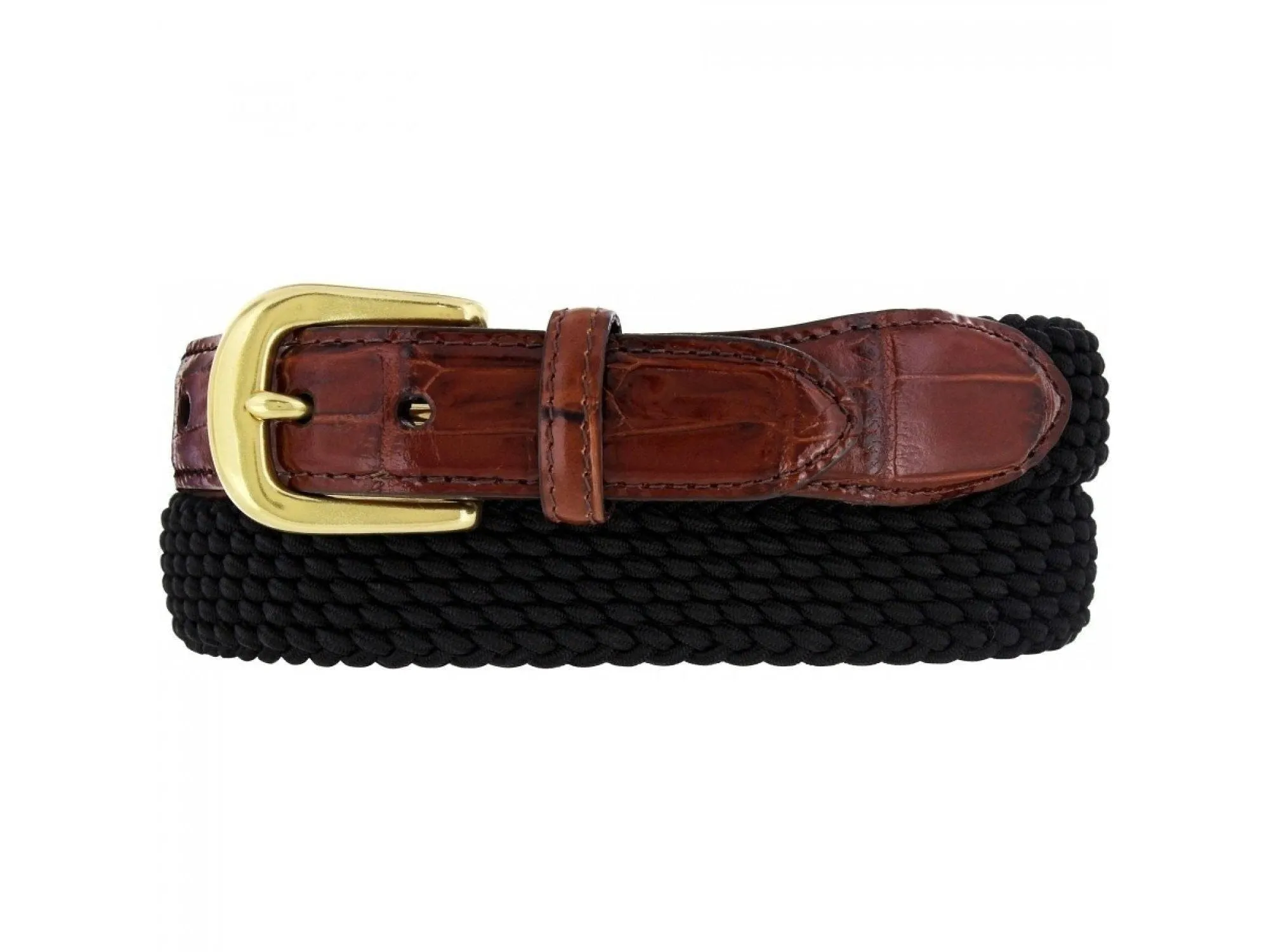 Brighton Braided Stretch Belt with Croco Leather in Black