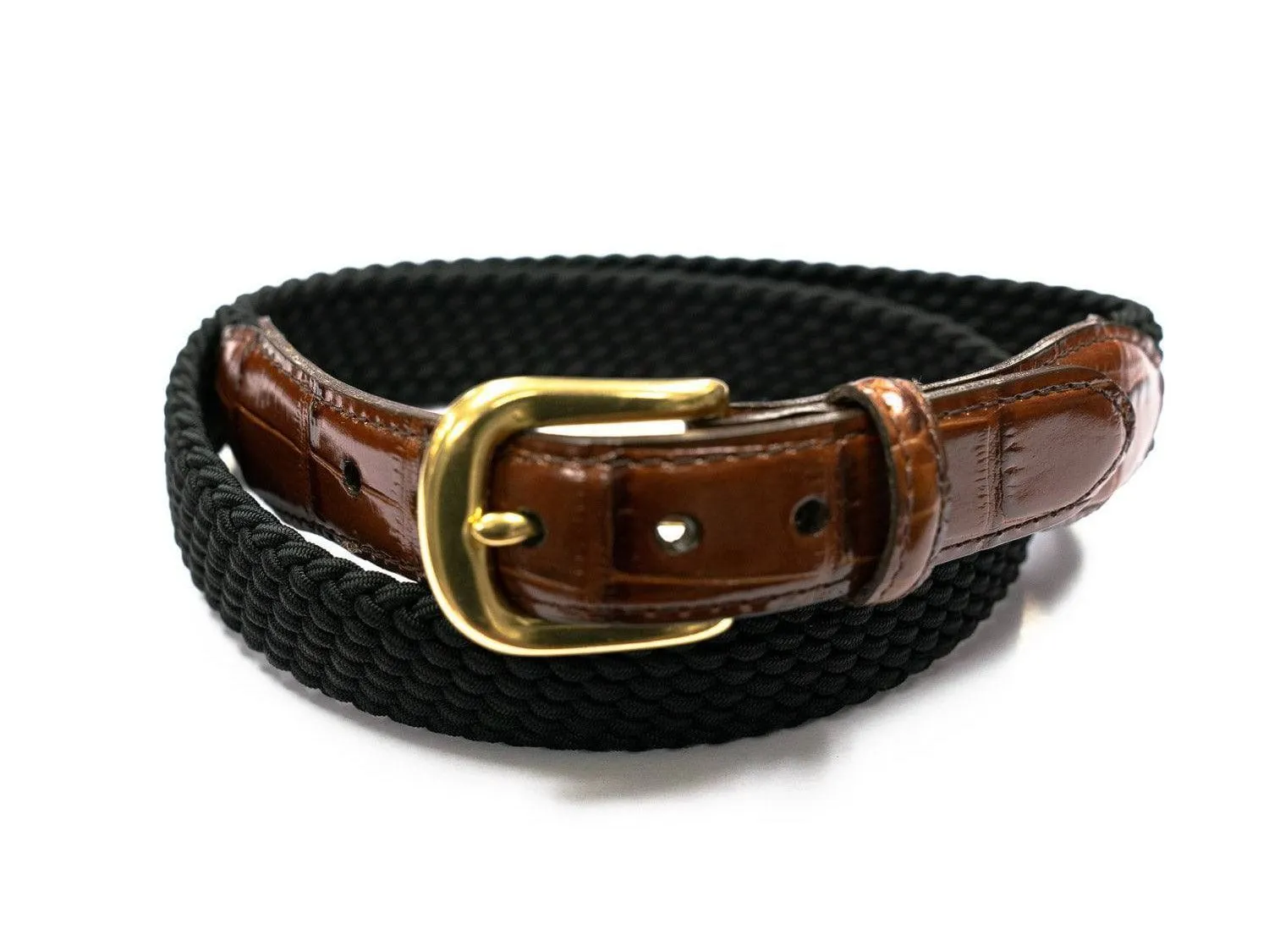 Brighton Braided Stretch Belt with Croco Leather in Black