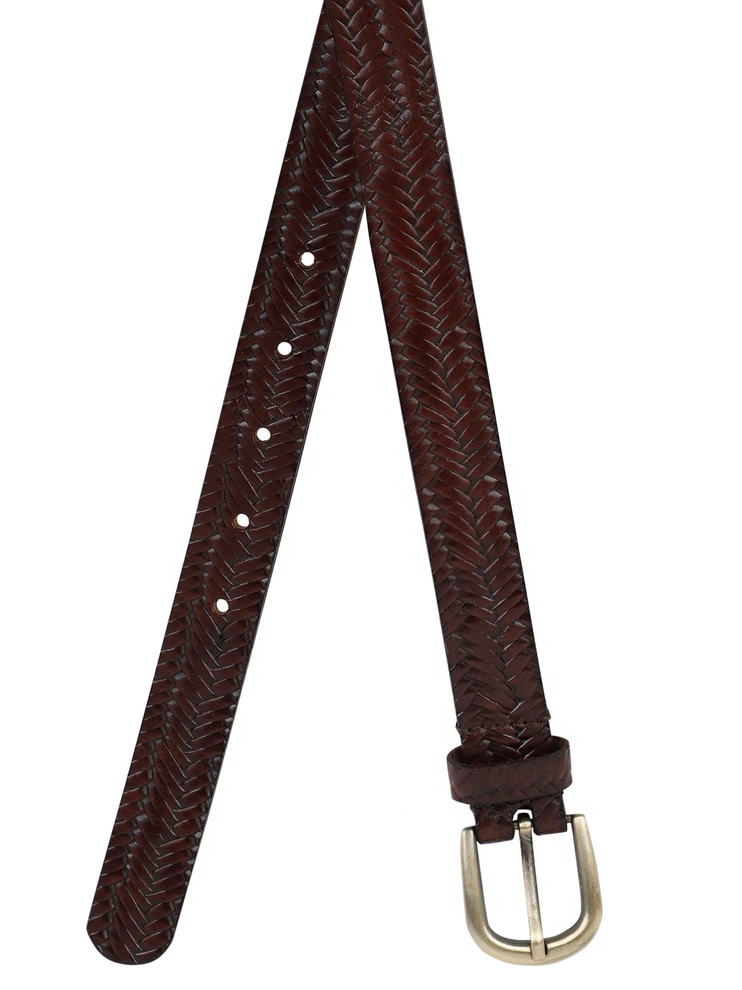 Brown Genuine Leather Basket Weave Embossed Ladies Women's Belt