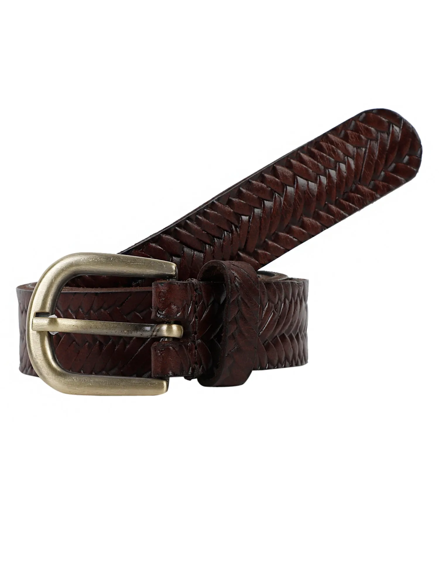 Brown Genuine Leather Basket Weave Embossed Ladies Women's Belt