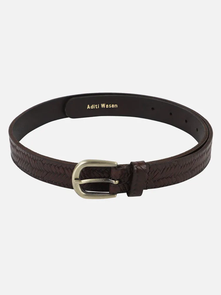 Brown Genuine Leather Basket Weave Embossed Ladies Women's Belt