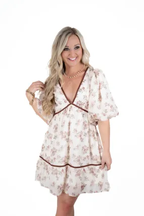 Cream/Burgundy Floral V Neck Dress