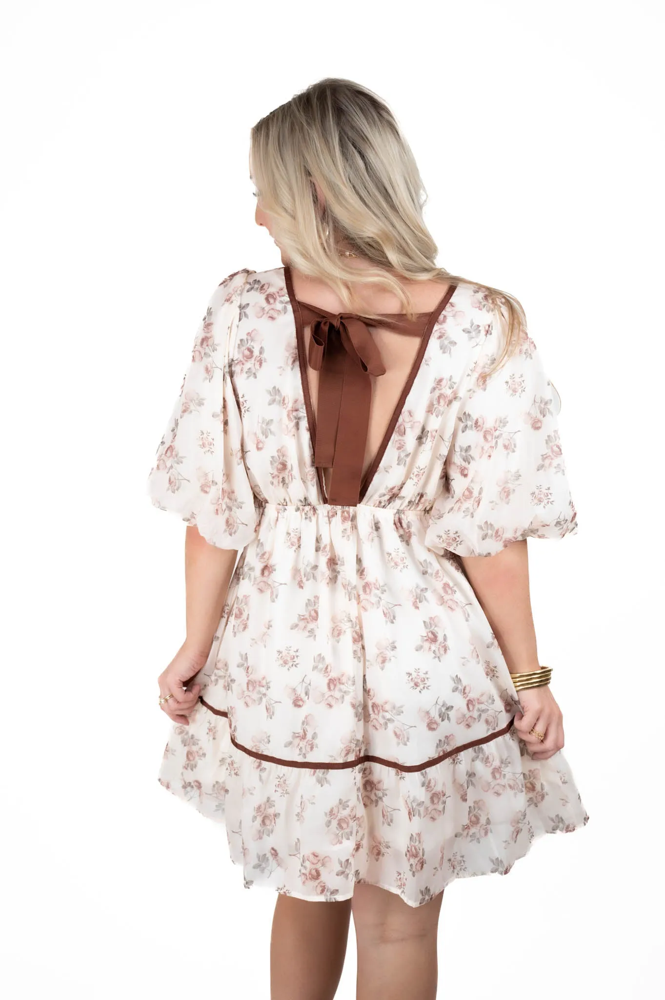 Cream/Burgundy Floral V Neck Dress