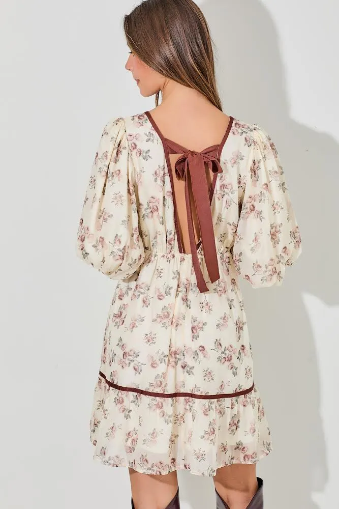 Cream/Burgundy Floral V Neck Dress