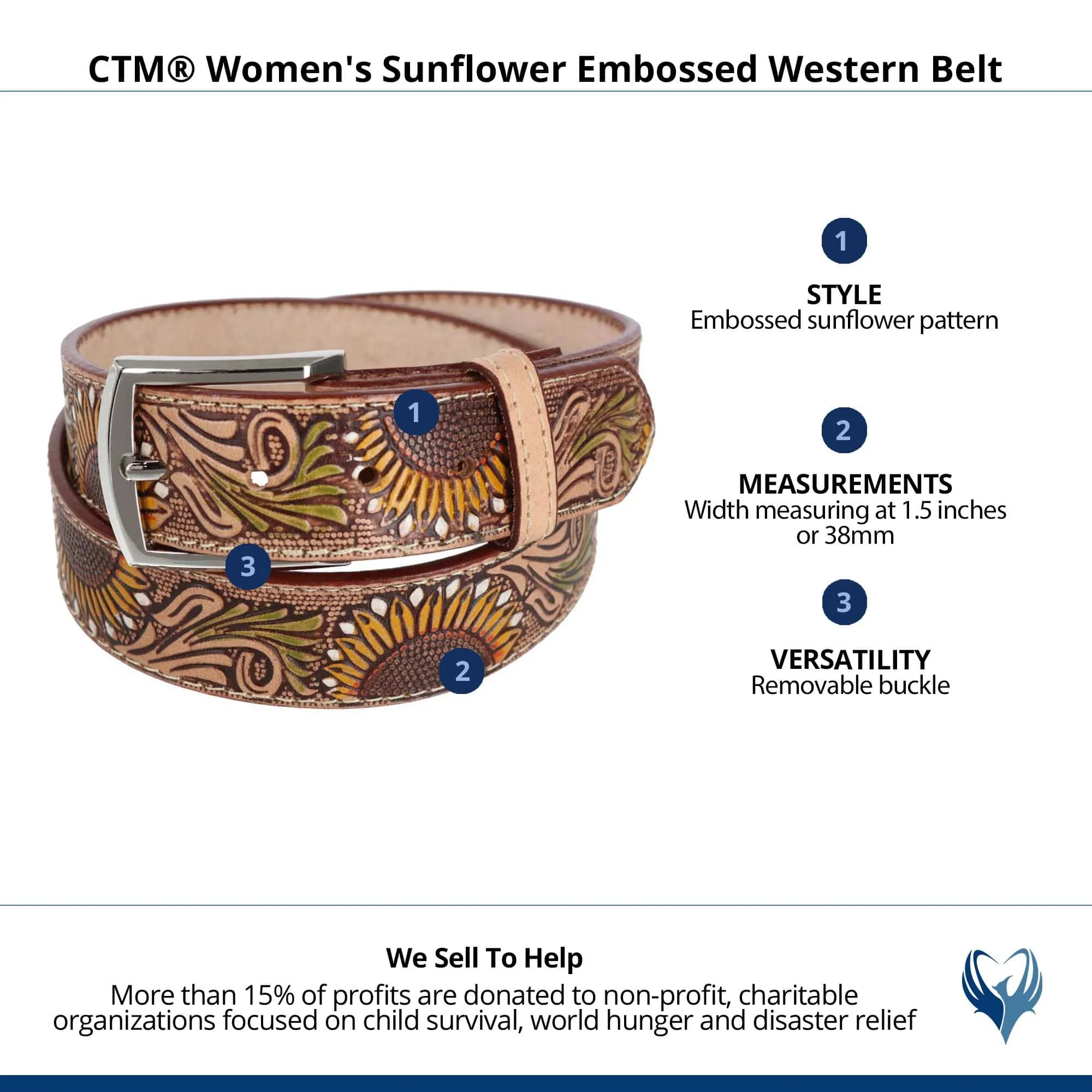 CTM® Women's Sunflower Embossed Western Belt