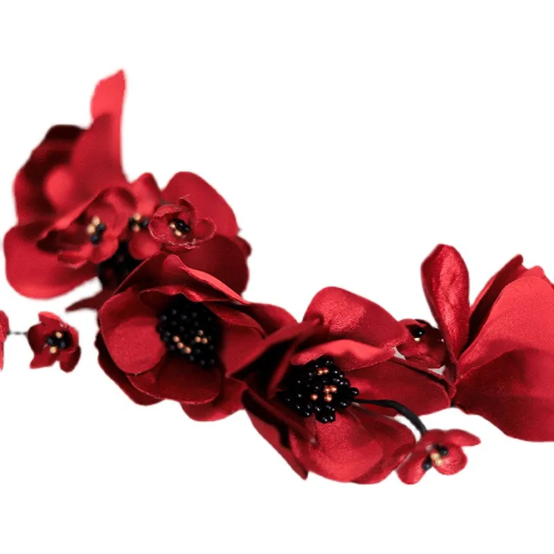 Deep Red Floral Headpiece Red Bridal Headdress