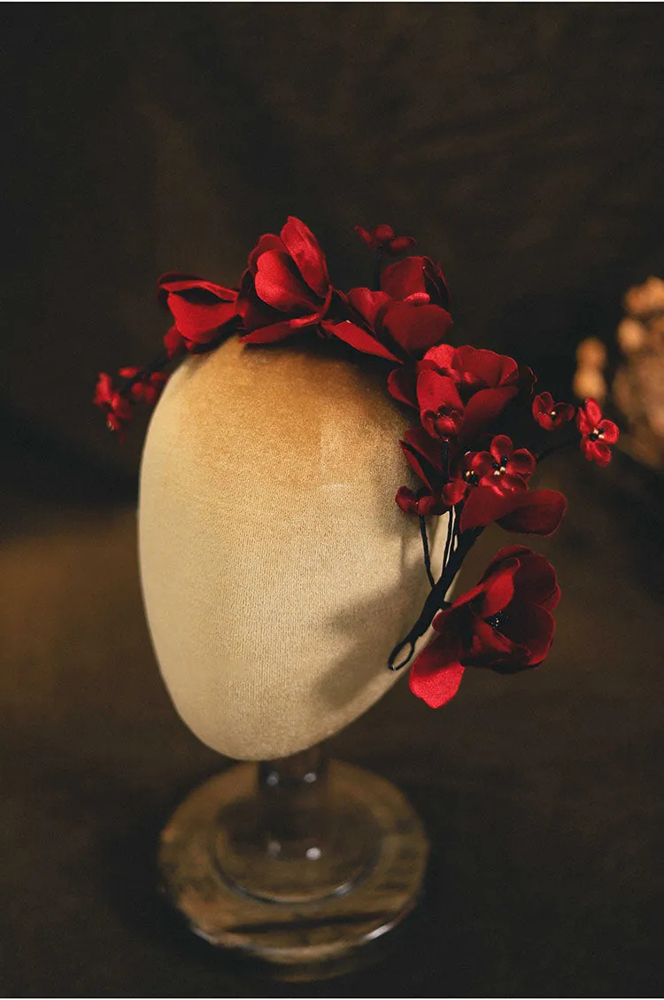 Deep Red Floral Headpiece Red Bridal Headdress