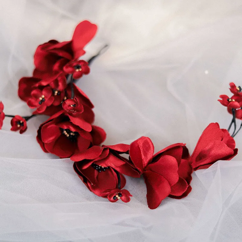 Deep Red Floral Headpiece Red Bridal Headdress