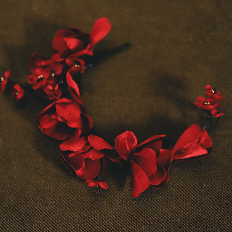 Deep Red Floral Headpiece Red Bridal Headdress