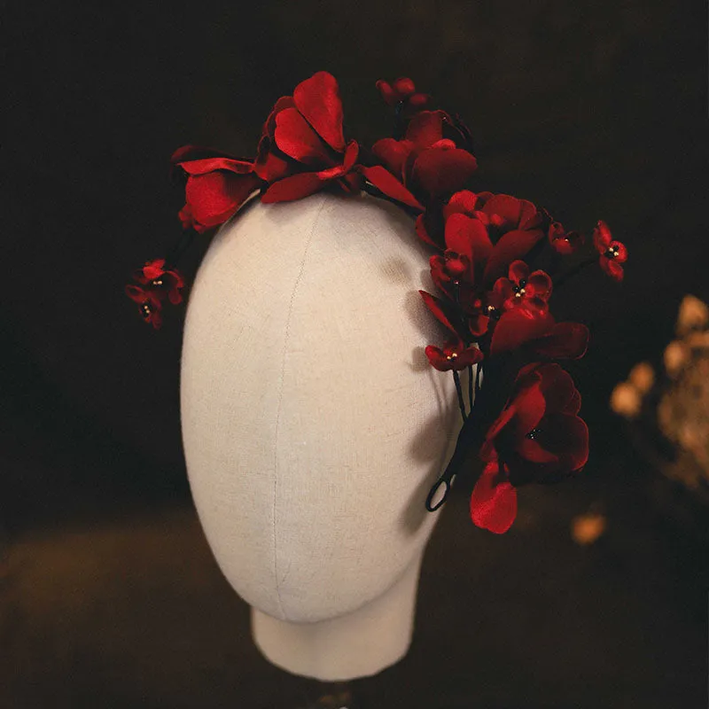 Deep Red Floral Headpiece Red Bridal Headdress