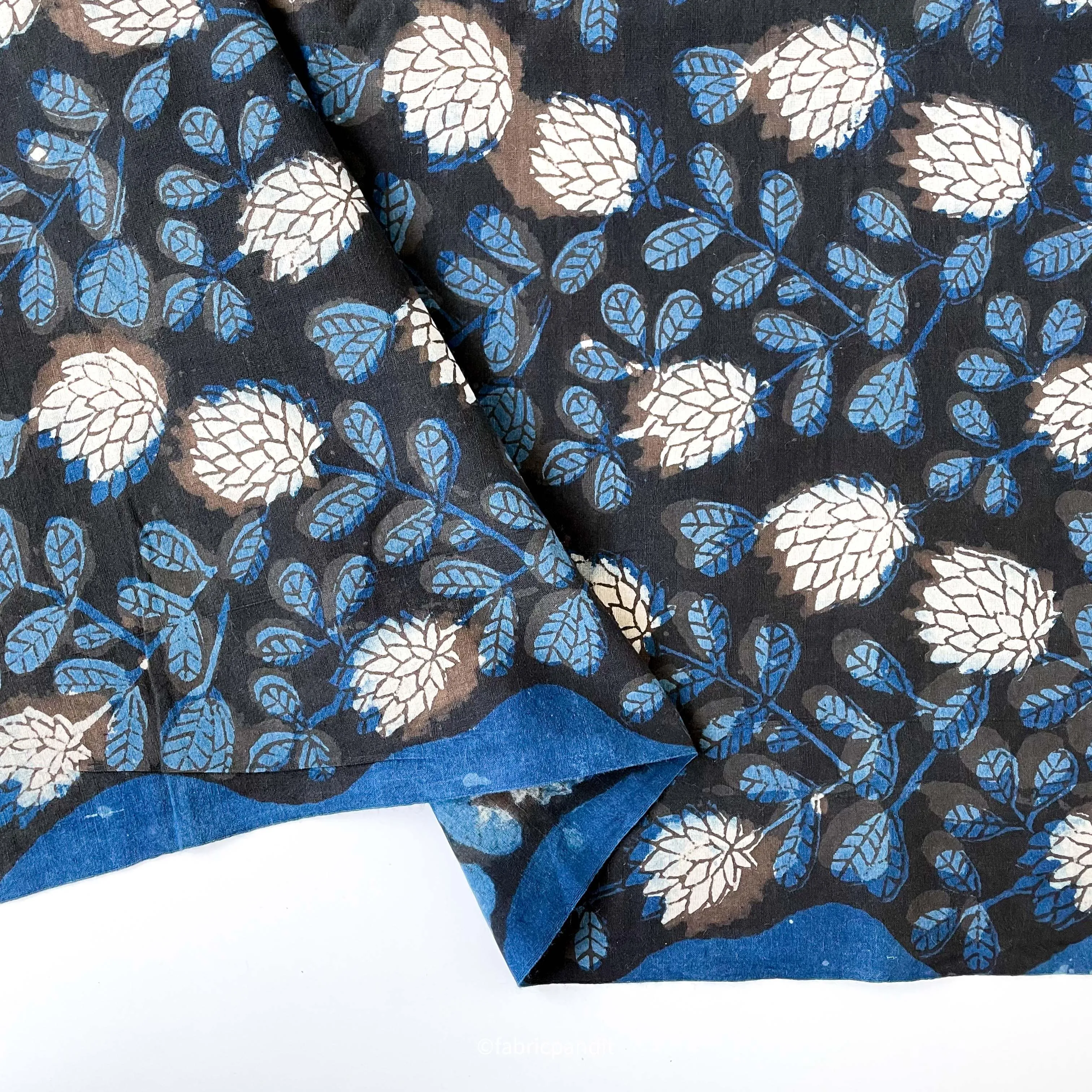Dusty Black and Blue Egyptian Floral Garden Pure Ajrakh Natural Dyed Hand Block Printed Pure Cotton Fabric (Width 42 inches)