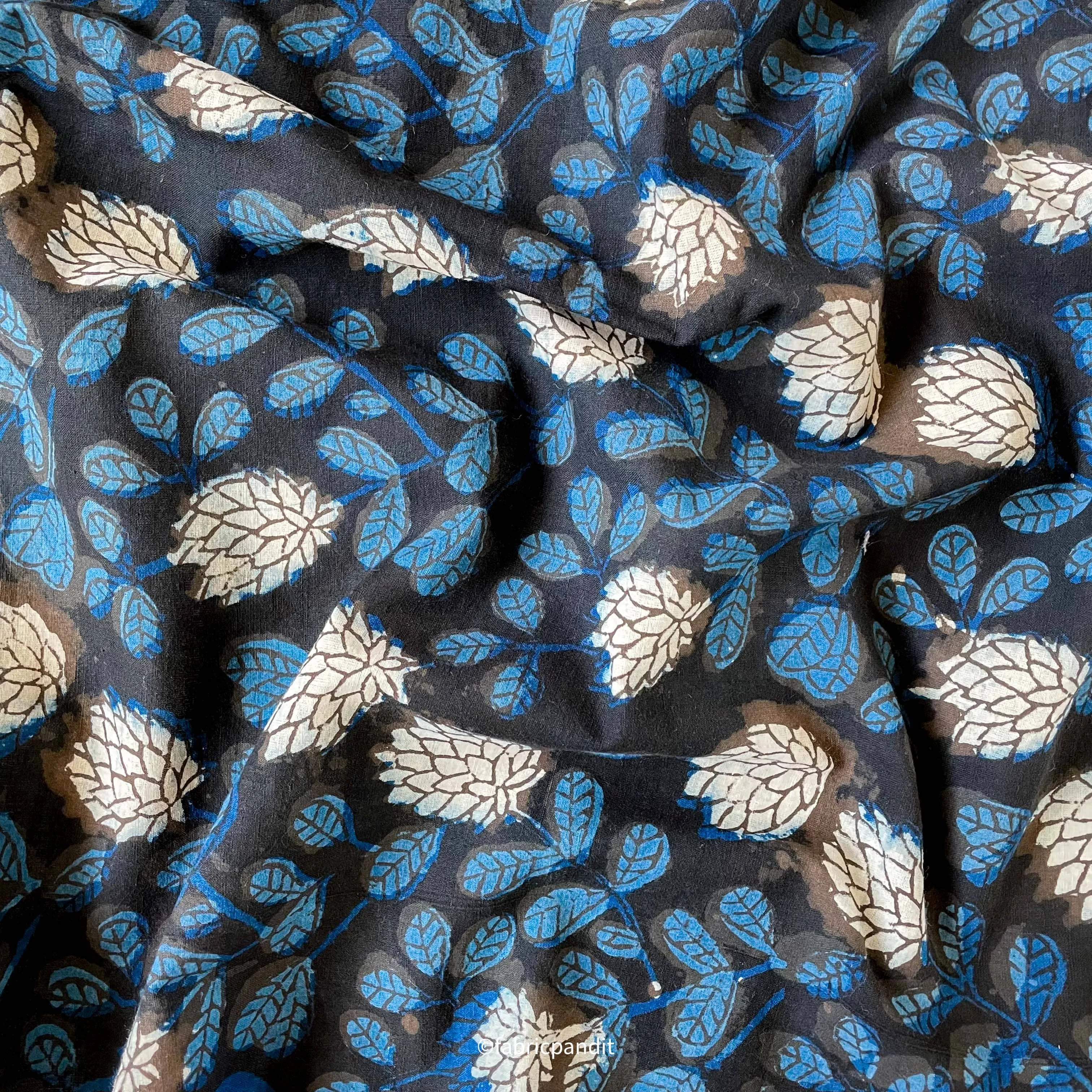 Dusty Black and Blue Egyptian Floral Garden Pure Ajrakh Natural Dyed Hand Block Printed Pure Cotton Fabric (Width 42 inches)