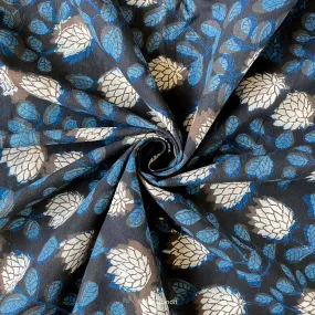 Dusty Black and Blue Egyptian Floral Garden Pure Ajrakh Natural Dyed Hand Block Printed Pure Cotton Fabric (Width 42 inches)